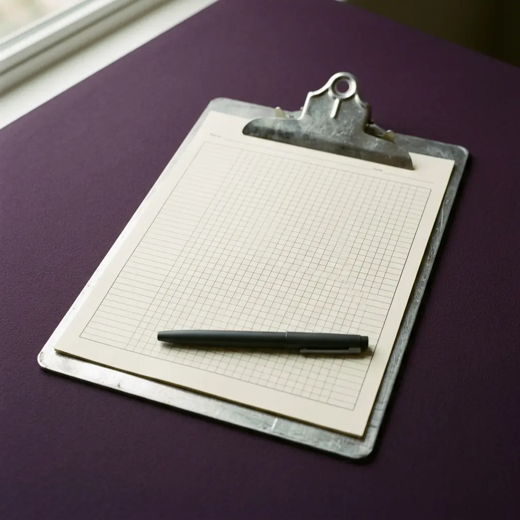 A metal clipboard holding a blank gridded data sheet with a black pen laid across it