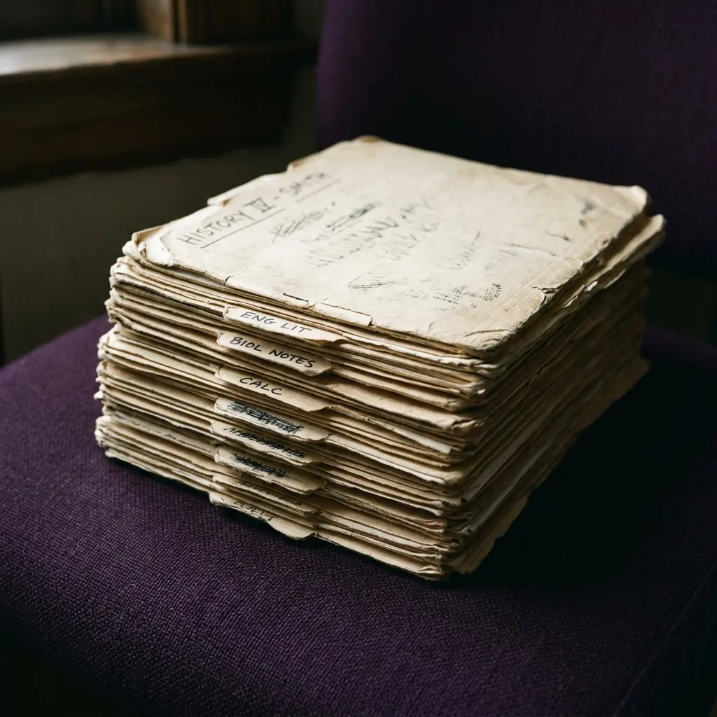 A worn stack of hand-labelled school folders on a deep purple chair